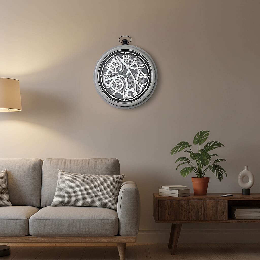Rotating Gear Skeleton LED Wall Clock - Grey