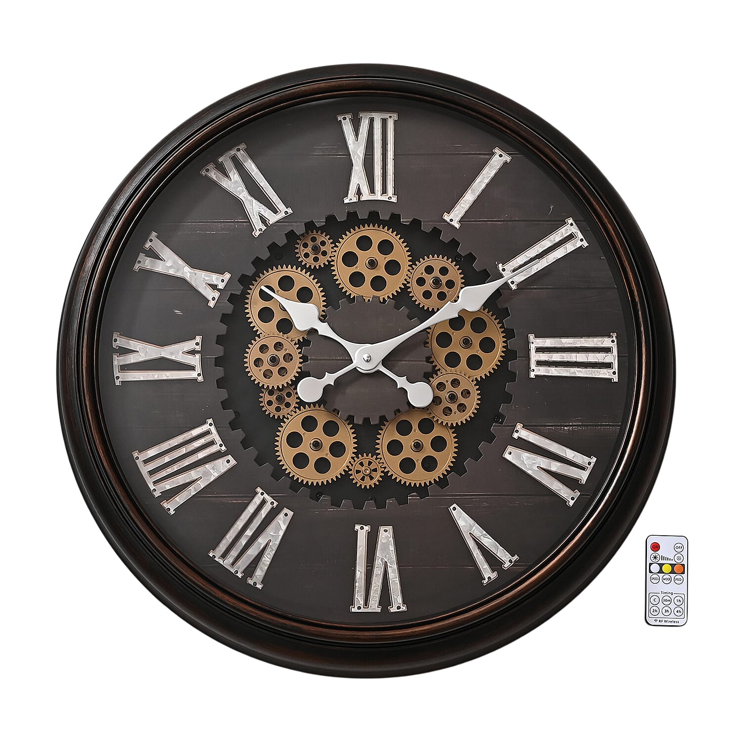 Rotating Gear LED Wall Clock with 3-Colour Wireless Light Control - Brown