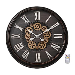 Rotating Gear LED Wall Clock with 3-Colour Wireless Light Control - Brown