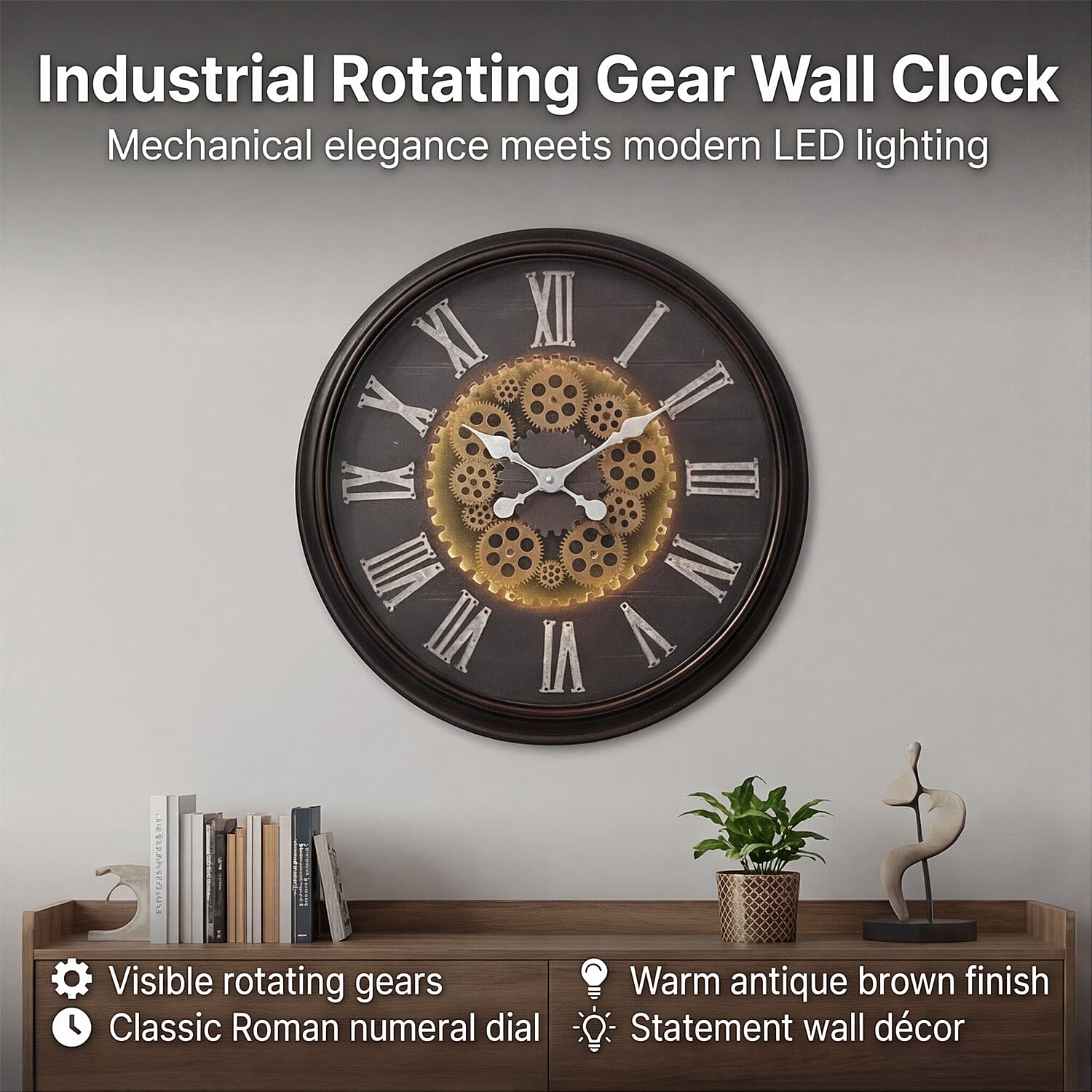 Rotating Gear LED Wall Clock with 3-Colour Wireless Light Control - Brown