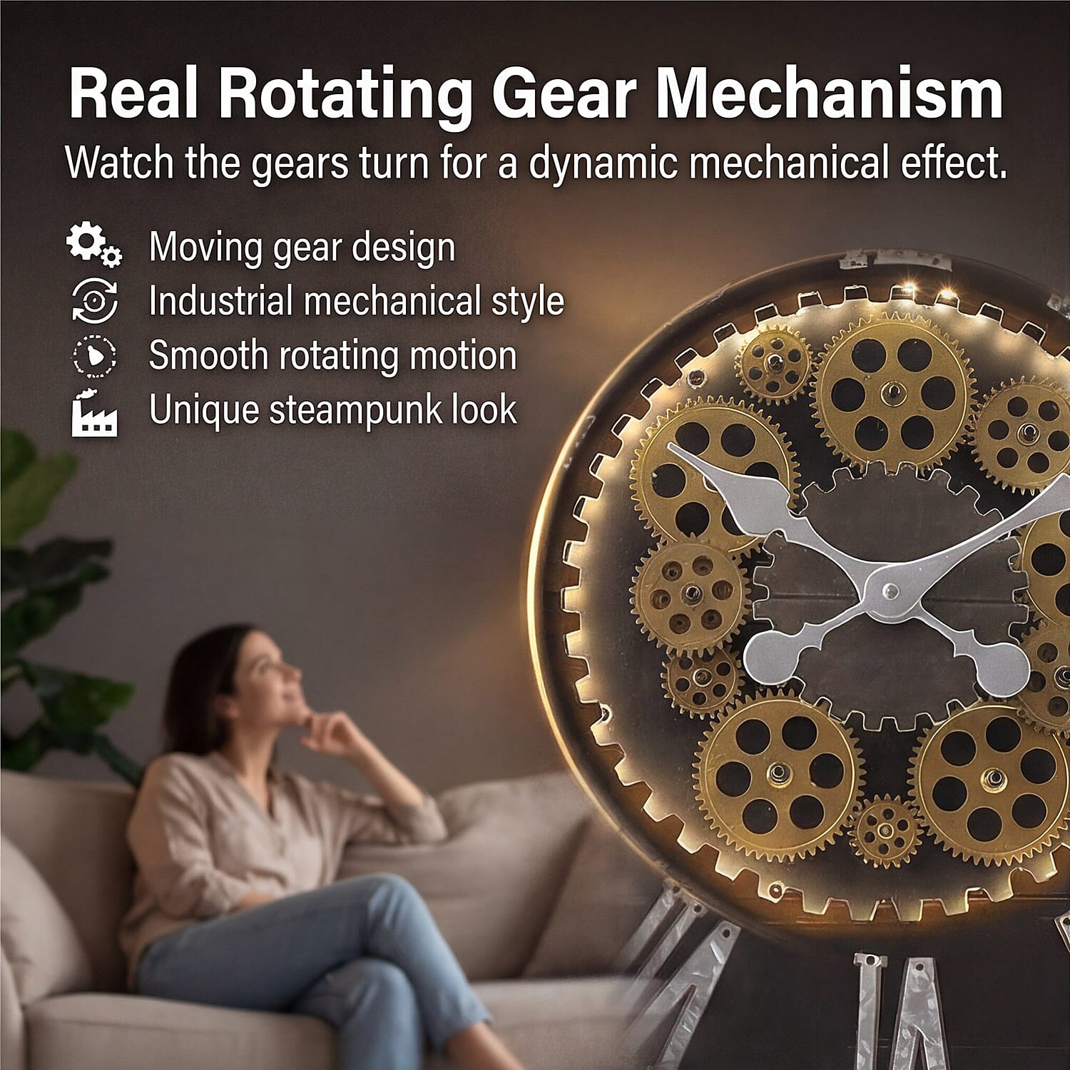 Rotating Gear LED Wall Clock with 3-Colour Wireless Light Control - Brown