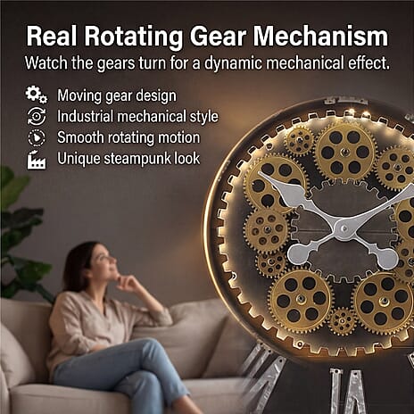 Rotating Gear LED Wall Clock with 3-Colour Wireless Light Control - Brown