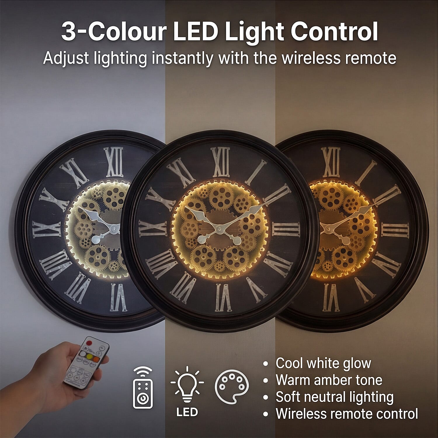 Rotating Gear LED Wall Clock with 3-Colour Wireless Light Control - Brown