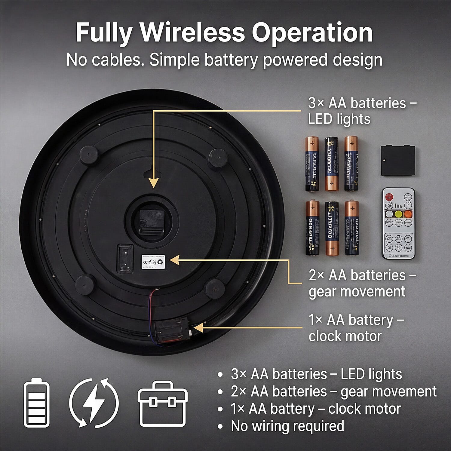 Rotating Gear LED Wall Clock with 3-Colour Wireless Light Control - Brown