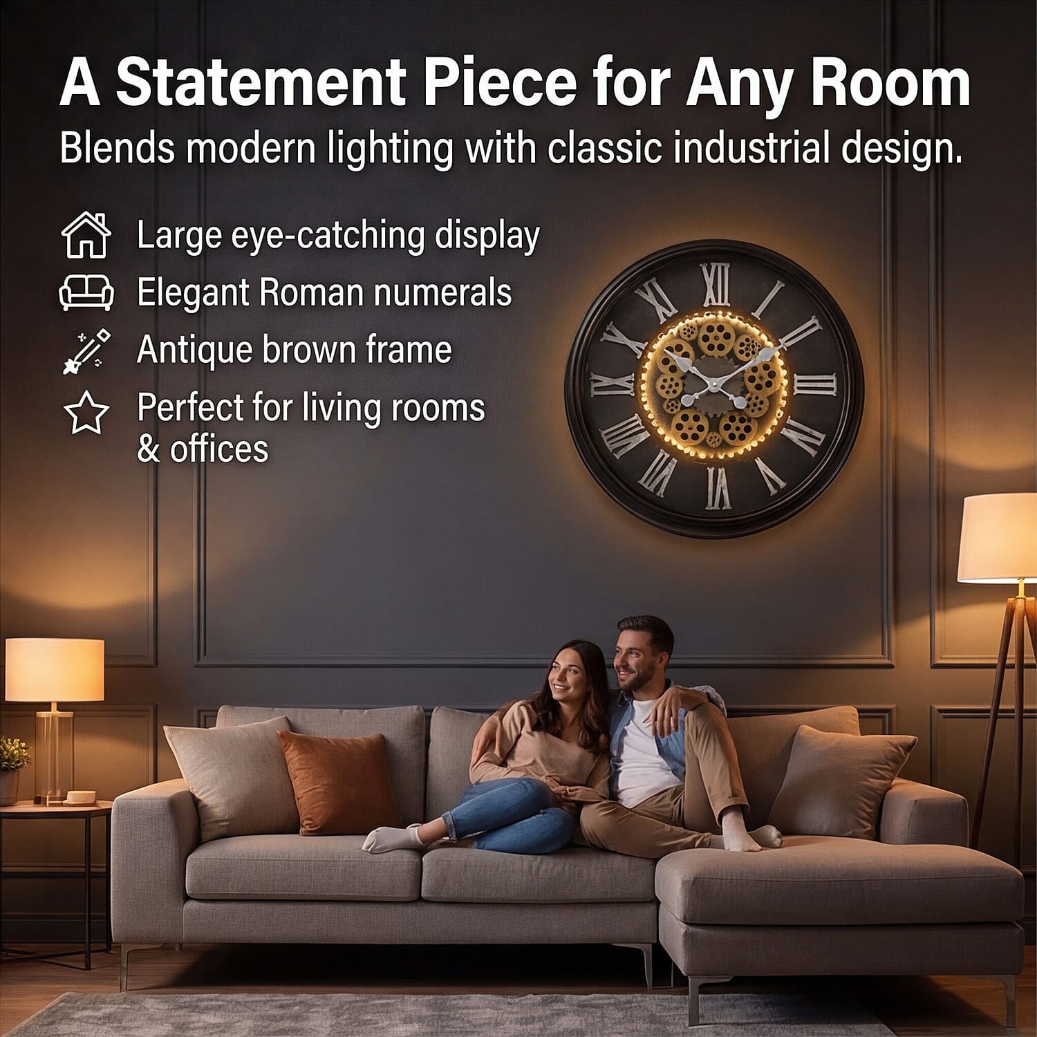 Rotating Gear LED Wall Clock with 3-Colour Wireless Light Control - Brown