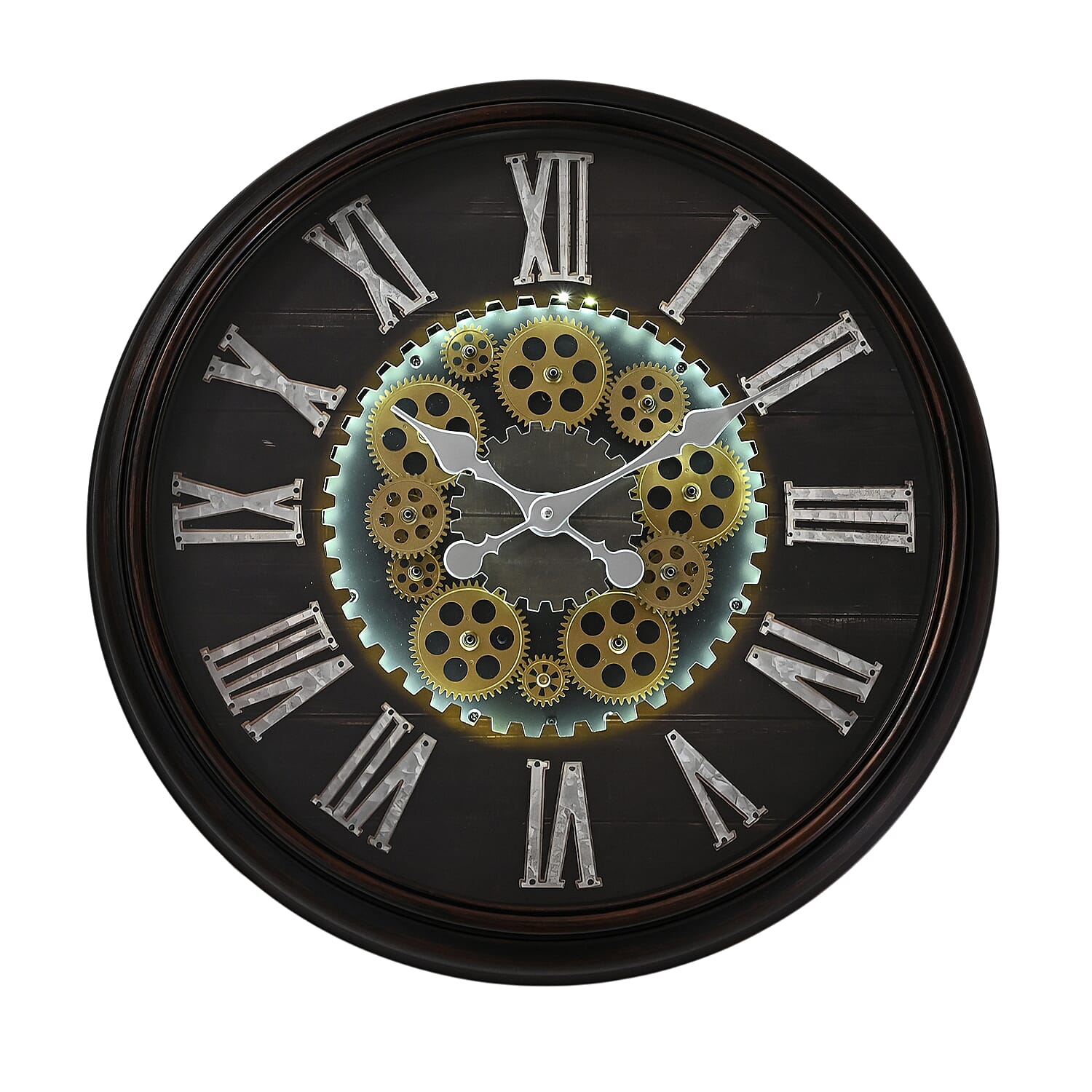 Rotating Gear LED Wall Clock with 3-Colour Wireless Light Control - Brown