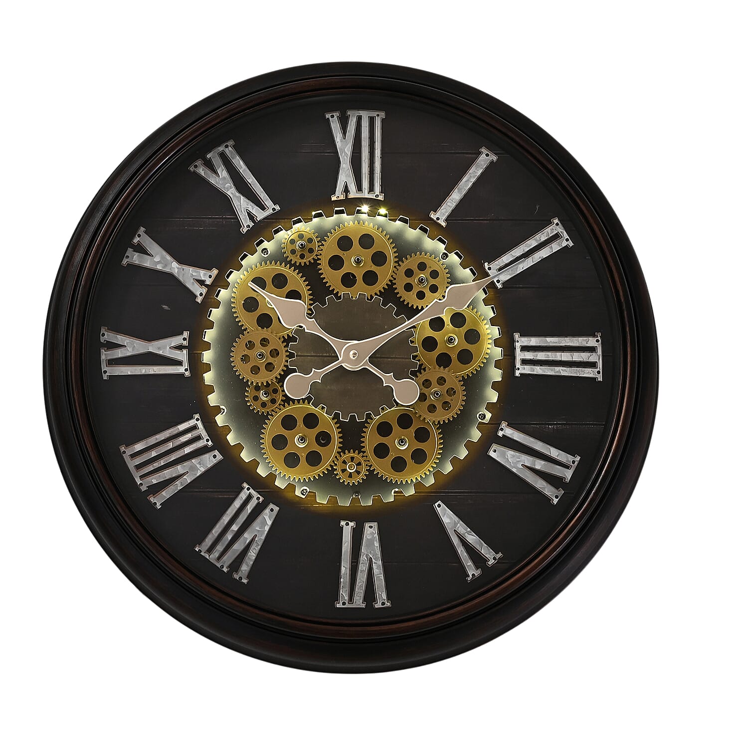 Rotating Gear LED Wall Clock with 3-Colour Wireless Light Control - Brown