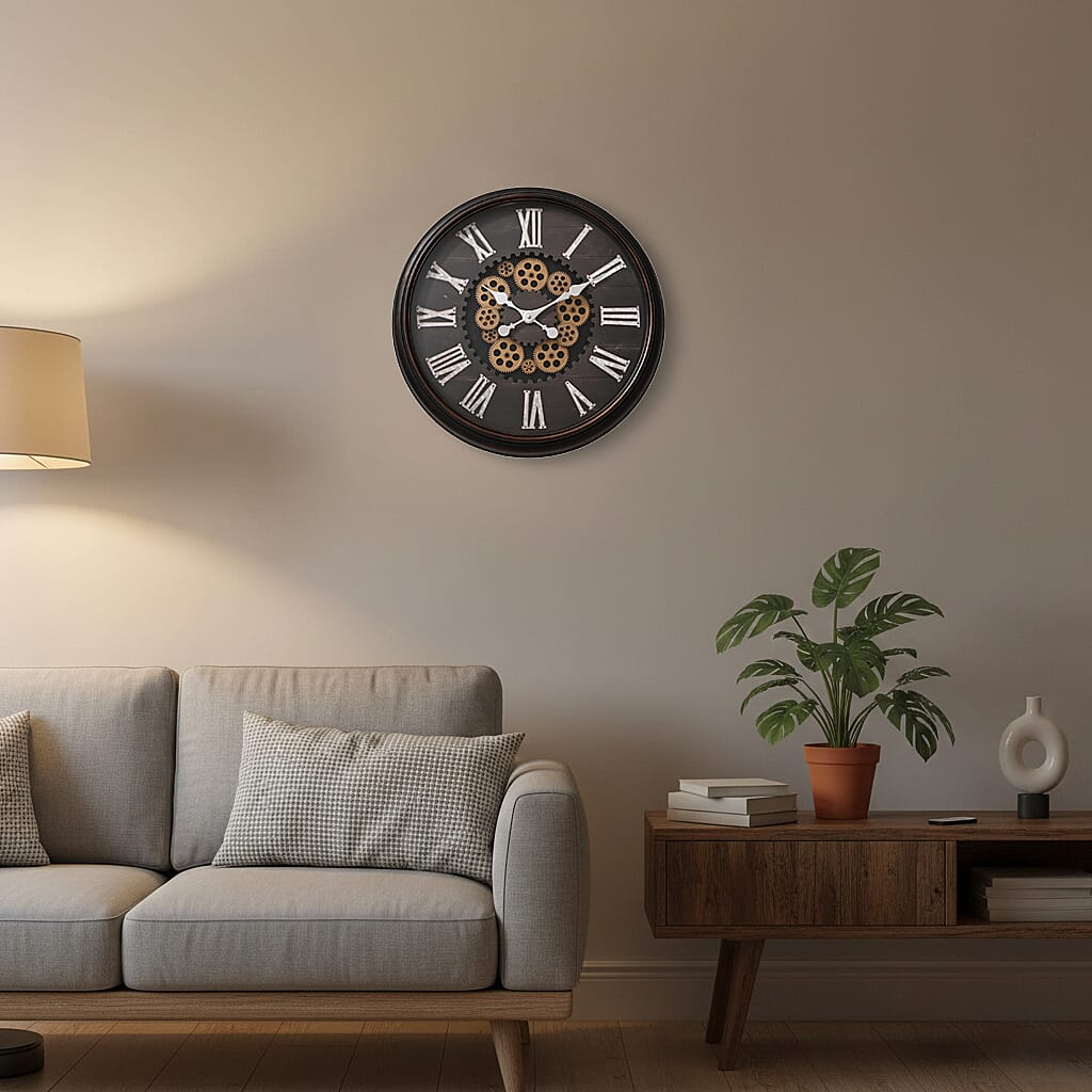 Rotating Gear LED Wall Clock with 3-Colour Wireless Light Control - Brown