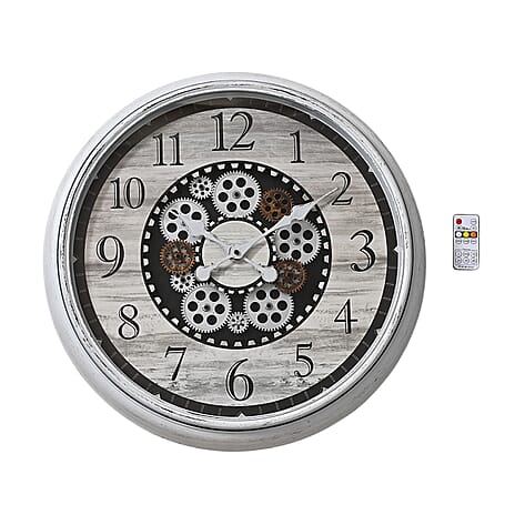 Rotating Gear LED Wall Clock with 3-Colour Wireless Light Control - White