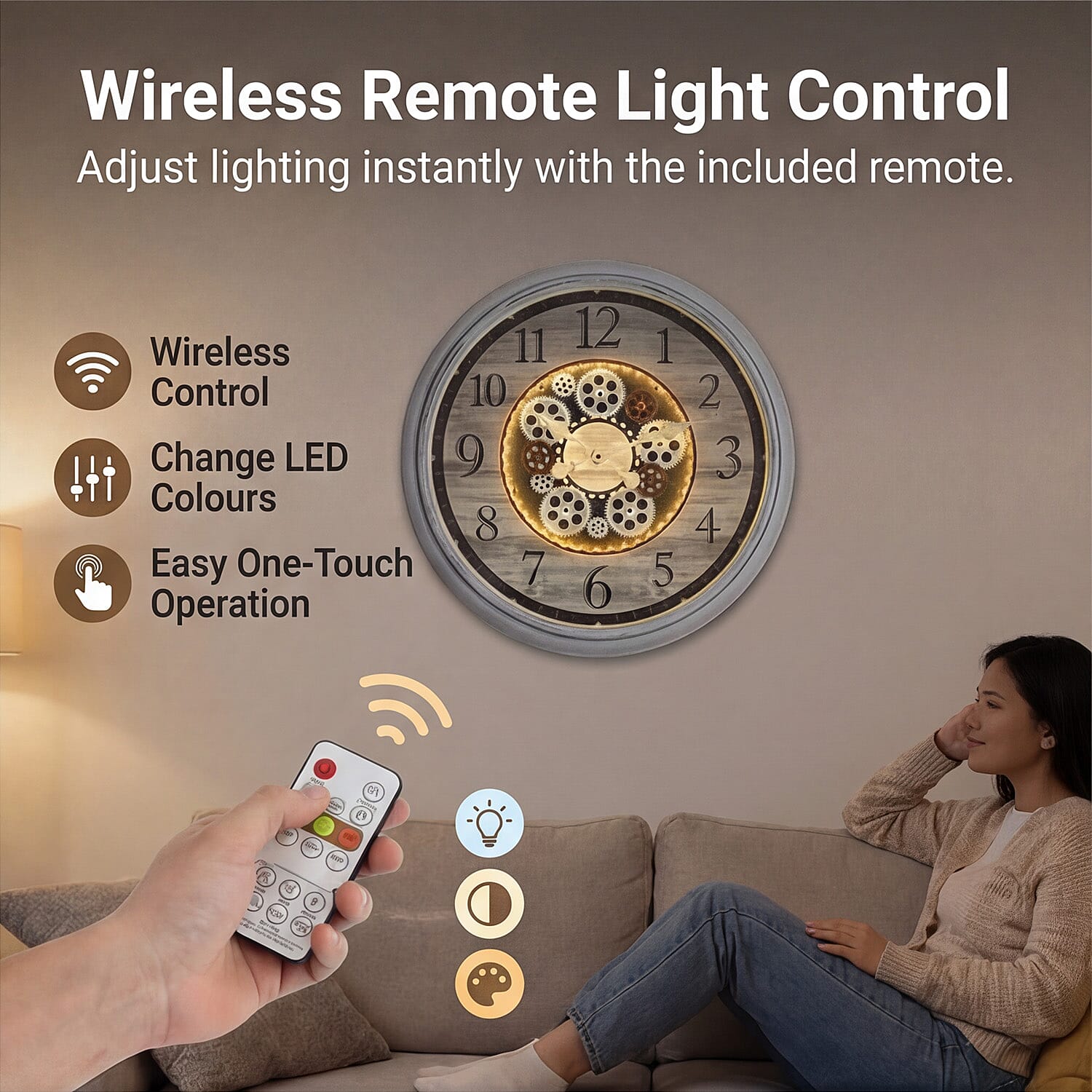 Rotating Gear LED Wall Clock with 3-Colour Wireless Light Control - White