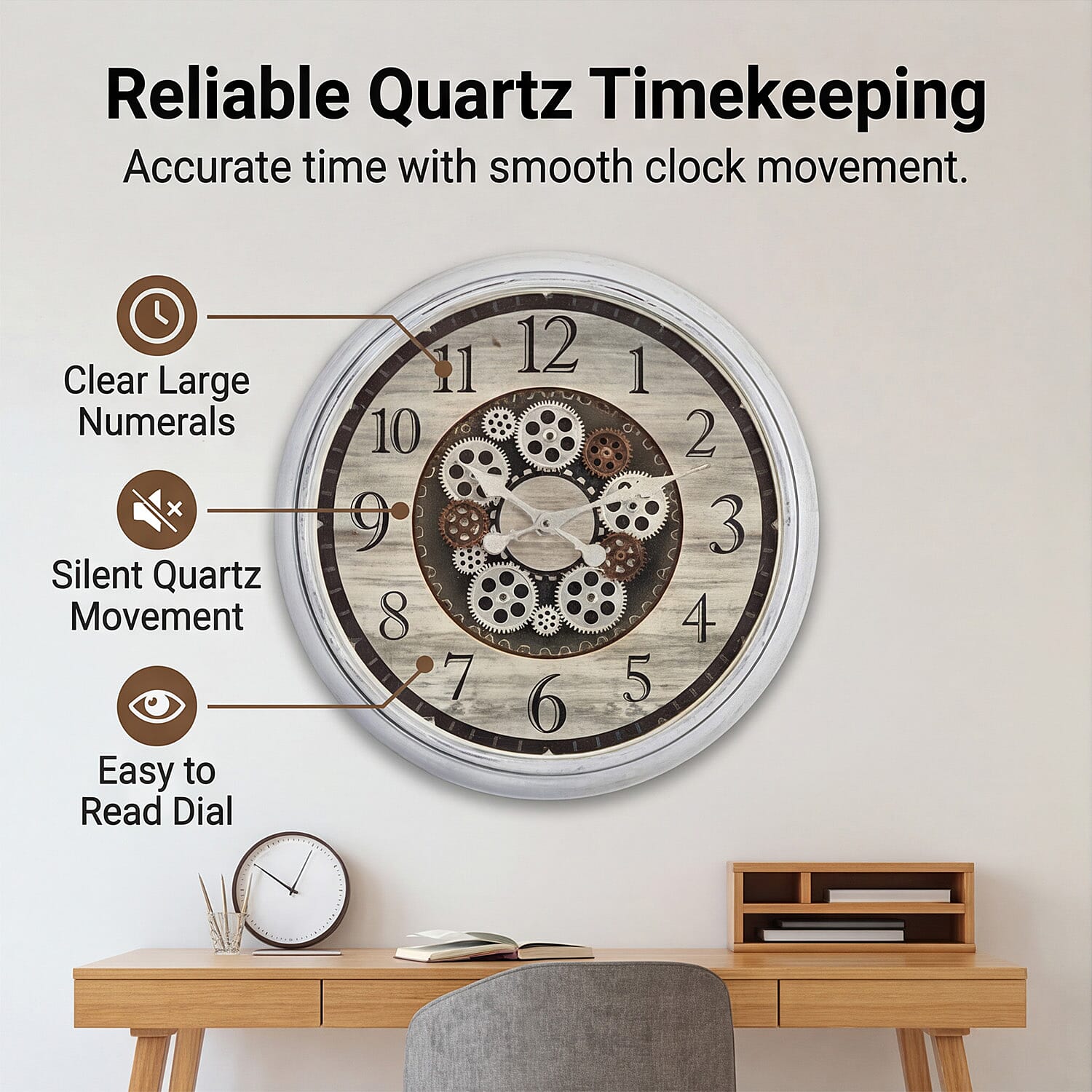 Rotating Gear LED Wall Clock with 3-Colour Wireless Light Control - White