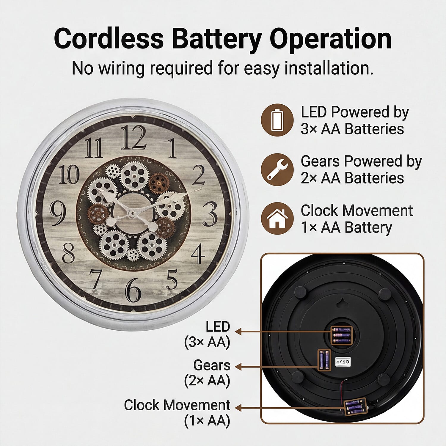 Rotating Gear LED Wall Clock with 3-Colour Wireless Light Control - White
