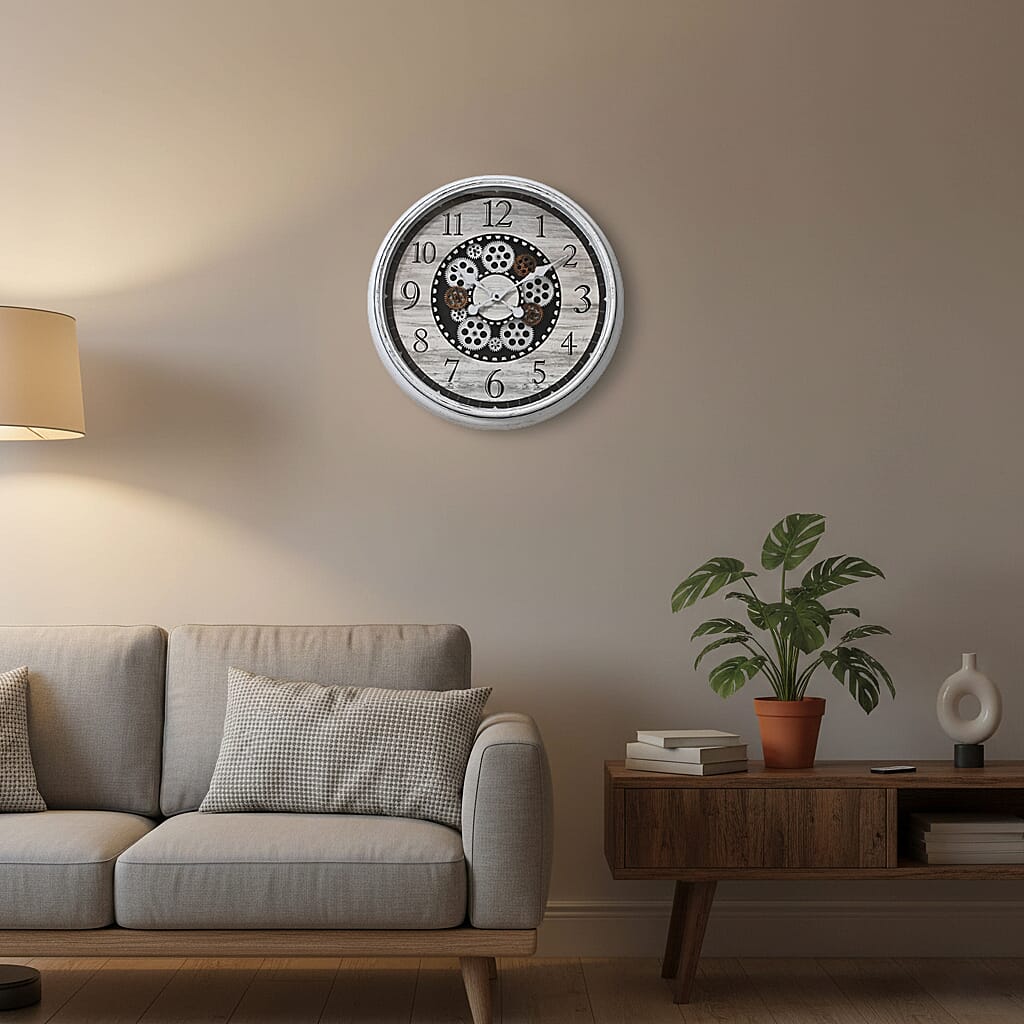 Rotating Gear LED Wall Clock with 3-Colour Wireless Light Control - White