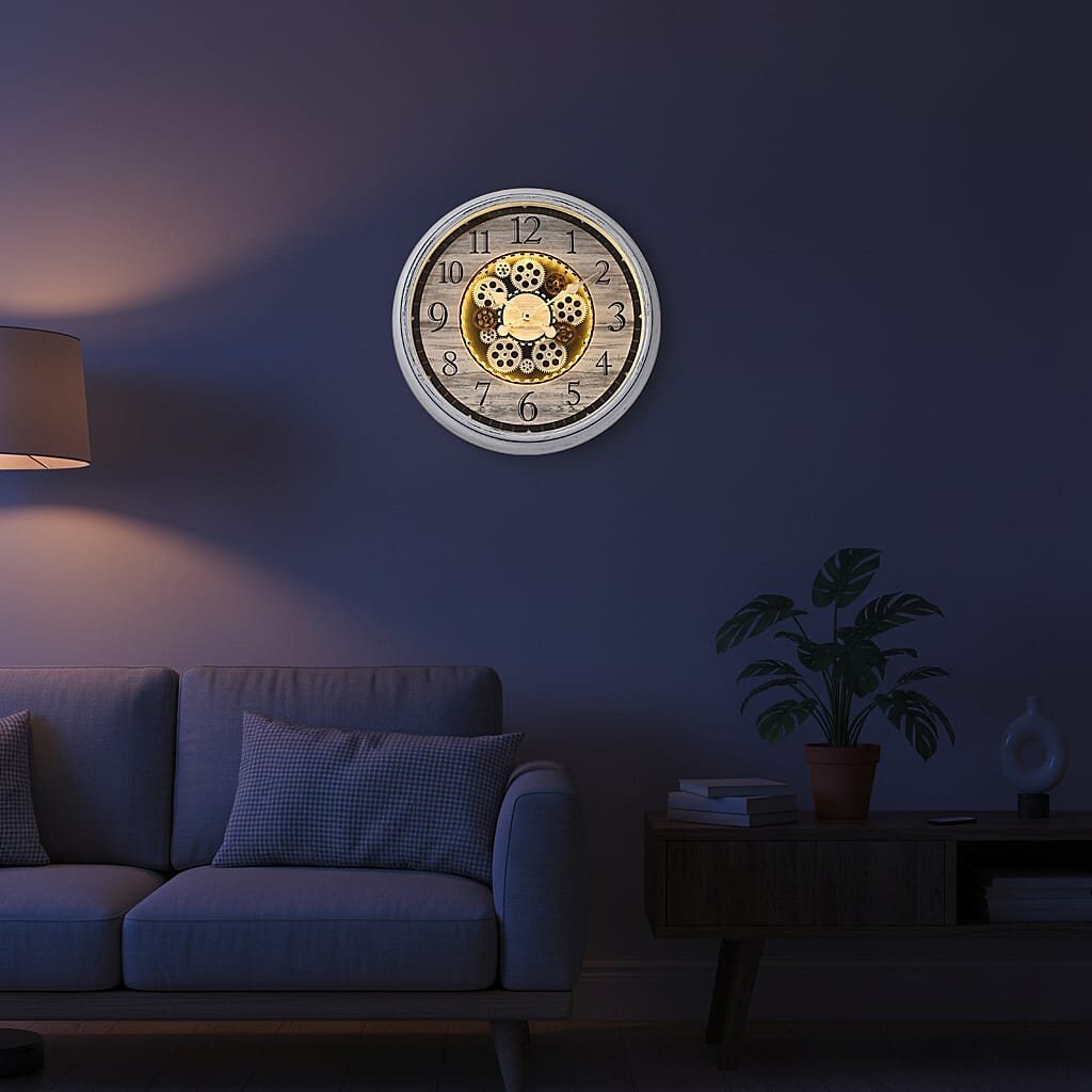 Rotating Gear LED Wall Clock with 3-Colour Wireless Light Control - White
