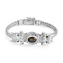 Royal Bali Collection - Black Star Sapphire & Natural Chrome Diopside Handmade Tulang Naga Bracelet (Size 7.5) Sterling Silver 5.68 Ct, Silver Wt. 39.17 Gms.