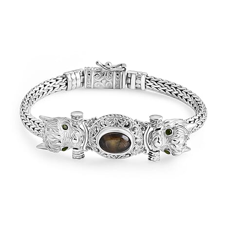 Royal Bali Collection - Black Star Sapphire & Natural Chrome Diopside Handmade Tulang Naga Bracelet (Size 7.5) Sterling Silver 5.68 Ct, Silver Wt. 39.17 Gms.