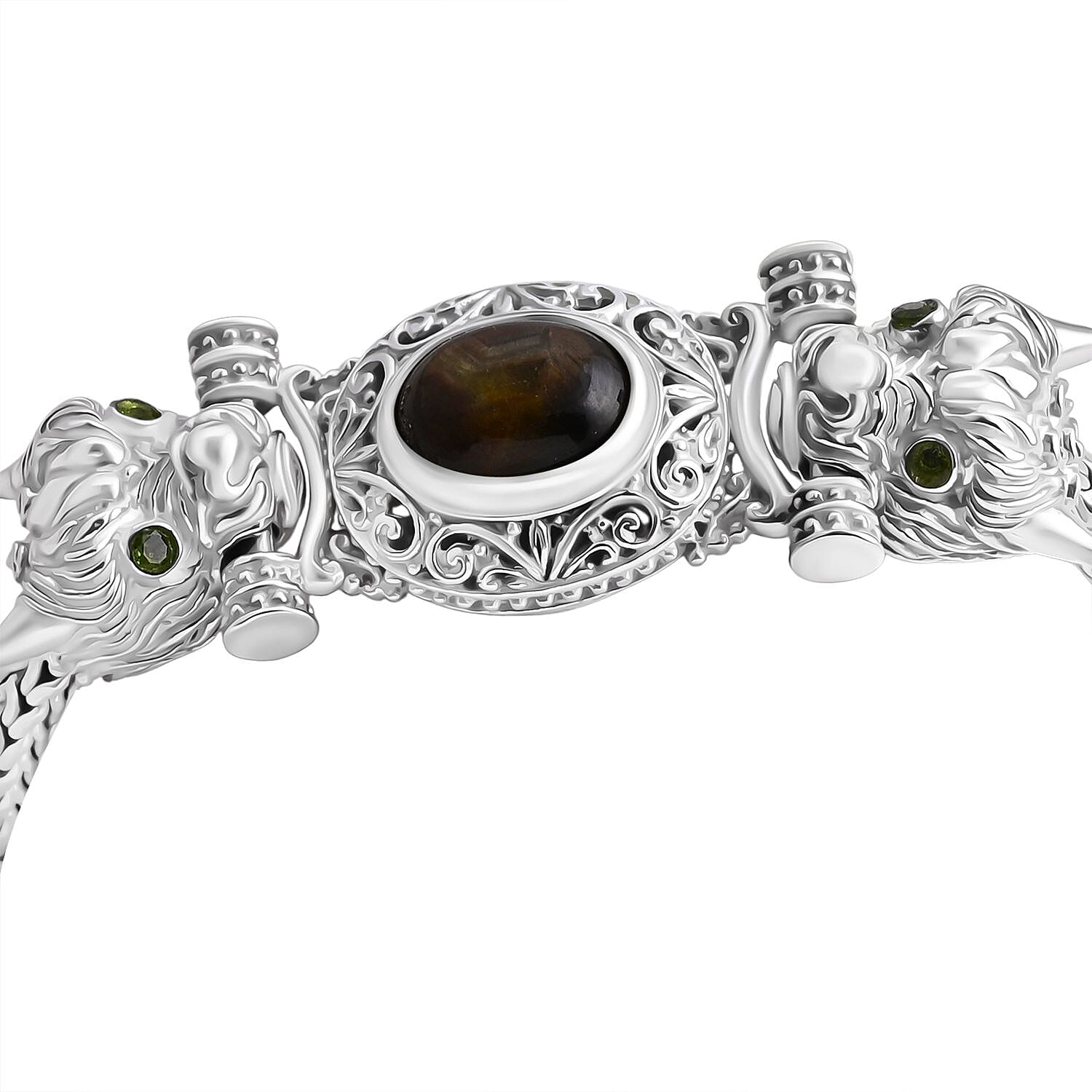 Royal Bali Collection - Black Star Sapphire & Natural Chrome Diopside Handmade Tulang Naga Bracelet (Size 7.5) Sterling Silver 5.68 Ct, Silver Wt. 39.17 Gms.