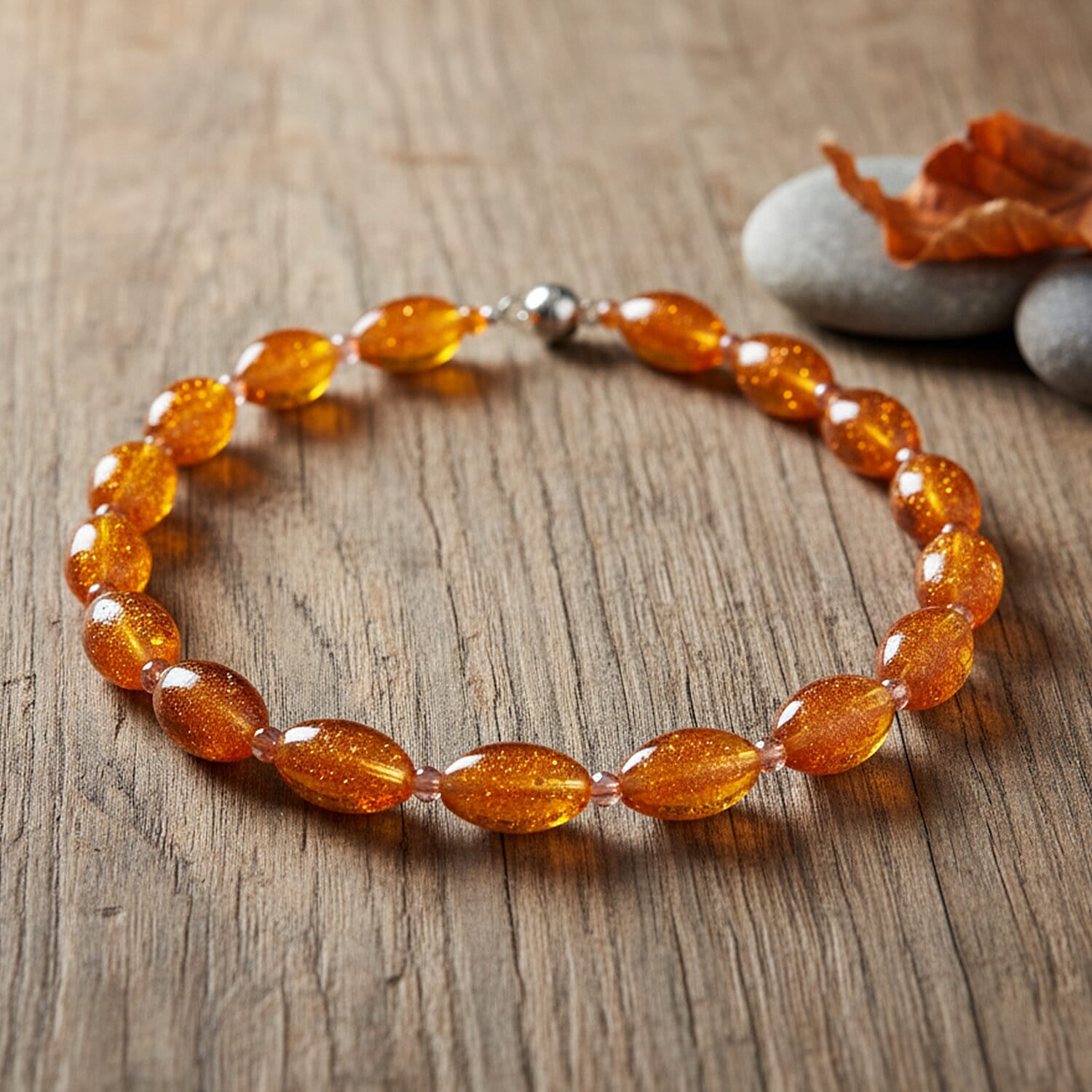 Champagne Colour Murano Style & Champagne Glass Necklace (Size 20) with Magnetic Clasp in Silver Tone