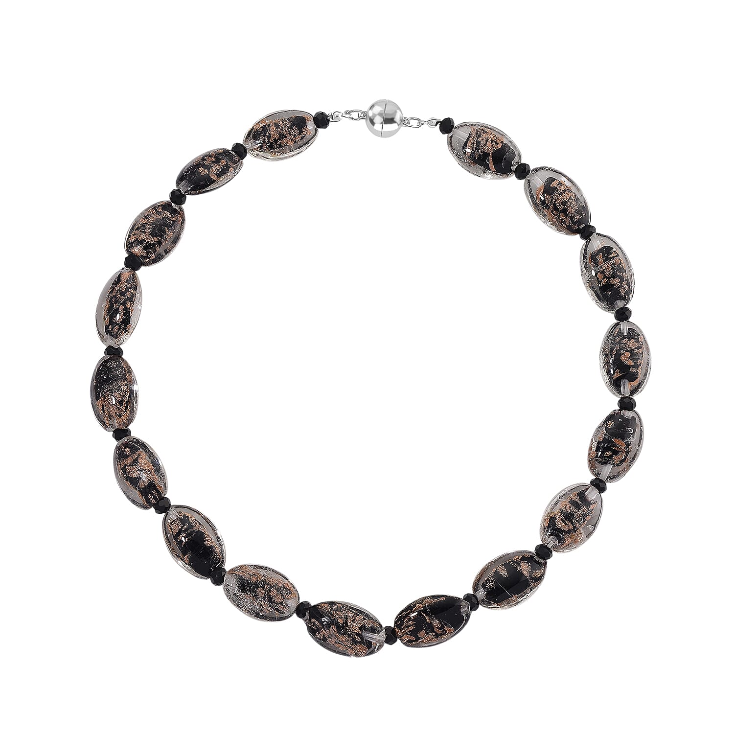 Black Colour Murano Style Glass & Black Glass Necklace (Size 20) Magnetic Clasp in Silver Tone