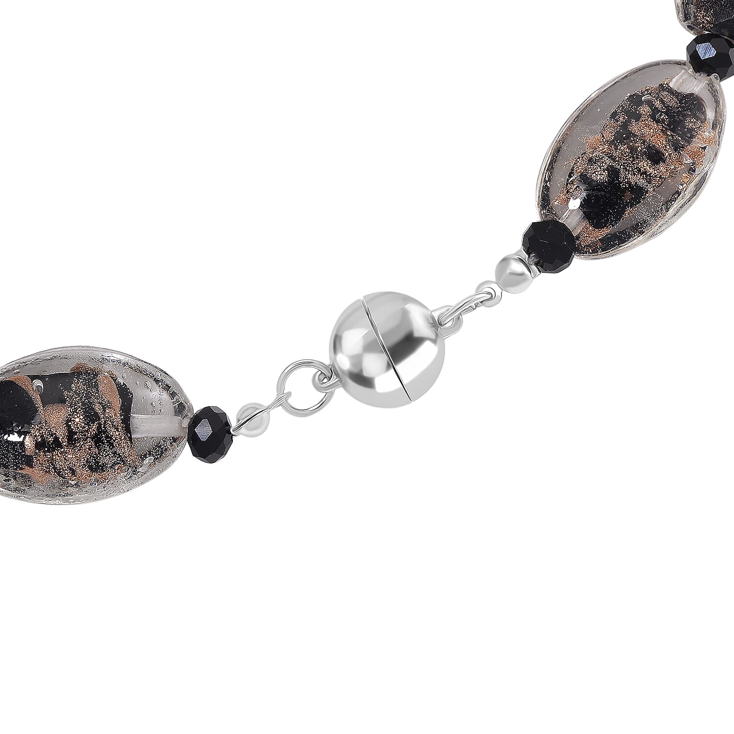 Black Colour Murano Style Glass & Black Glass Necklace (Size 20) Magnetic Clasp in Silver Tone