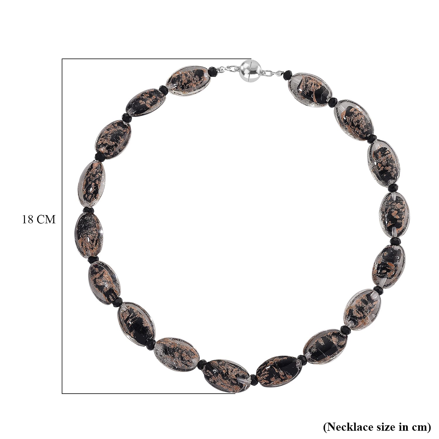 Black Colour Murano Style Glass & Black Glass Necklace (Size 20) Magnetic Clasp in Silver Tone