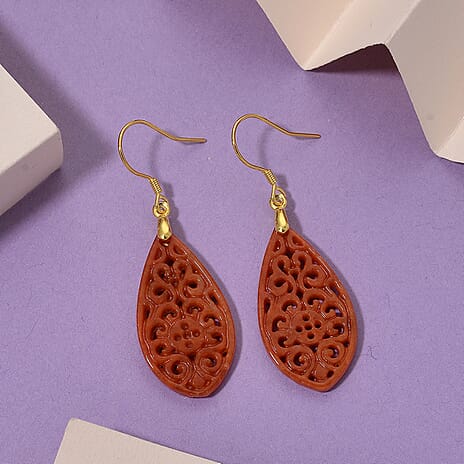 D'Joy Enhanced Carved Red Jade Earring with Hook Sterling Silver