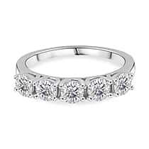 D'Joy GRA Certified Moissanite (VVS-D) Half Eternity 5 Stone Band Ring in Rhodium Overlay Sterling Silver 1.10 Ct.