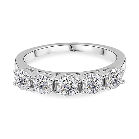 D'Joy GRA Certified Moissanite (VVS-D) Half Eternity 5 Stone Band Ring in Rhodium Overlay Sterling Silver 1.10 Ct.
