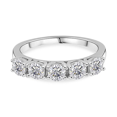 D'Joy GRA Certified Moissanite (VVS-D) Half Eternity 5 Stone Band Ring in Rhodium Overlay Sterling Silver 1.07 Ct.