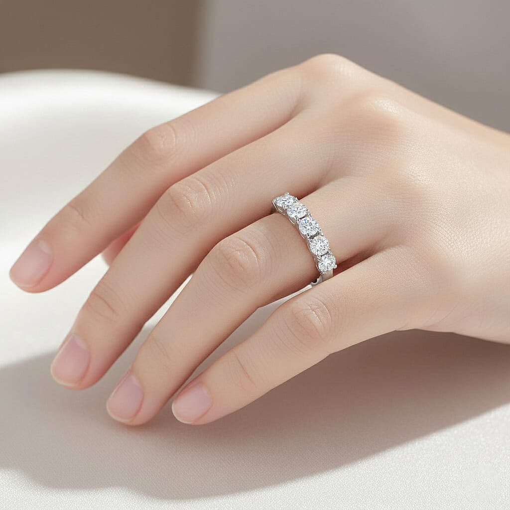 D'Joy GRA Certified Moissanite (VVS-D) Half Eternity 5 Stone Band Ring in Rhodium Overlay Sterling Silver 1.07 Ct.