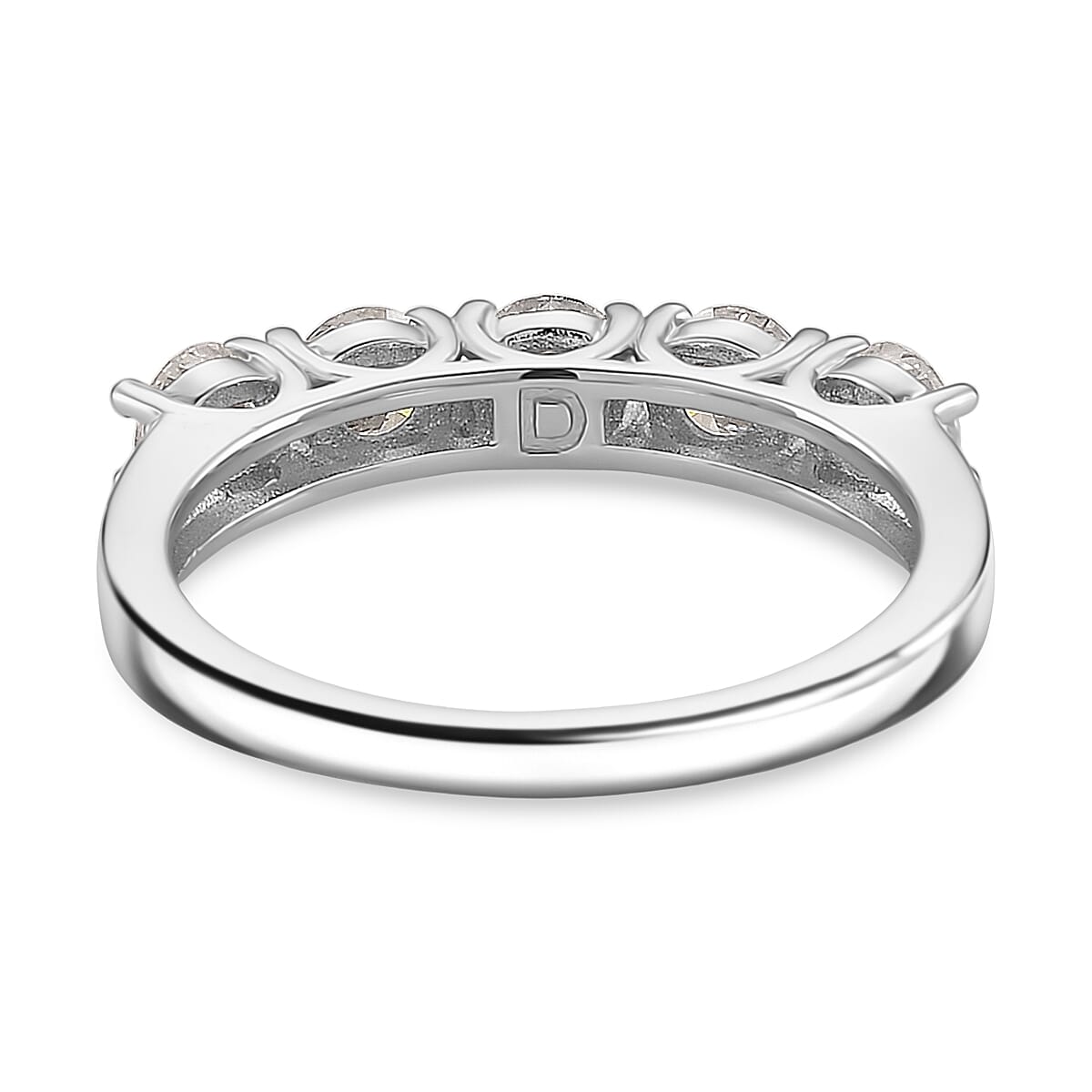 D'Joy GRA Certified Moissanite (VVS-D) Half Eternity 5 Stone Band Ring in Rhodium Overlay Sterling Silver 1.07 Ct.