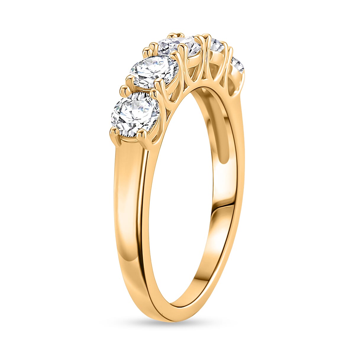 D'Joy GRA Certified Moissanite (VVS-D) Half Eternity 5 Stone Band Ring in Yellow Gold Plated Sterling Silver 1.10 Ct.