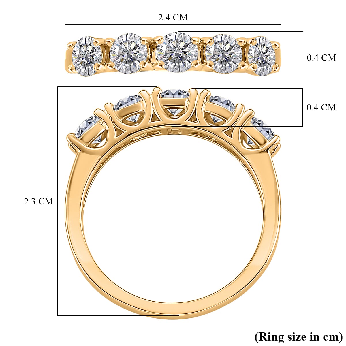 D'Joy GRA Certified Moissanite (VVS-D) Half Eternity 5 Stone Band Ring in Yellow Gold Plated Sterling Silver 1.10 Ct.