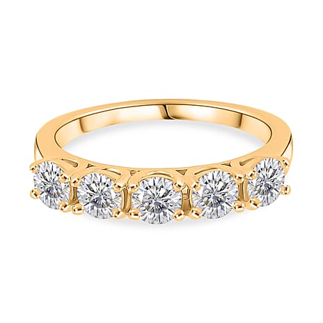 D'Joy GRA Certified Moissanite (VVS-D) Half Eternity 5 Stone Band Ring in Yellow Gold Plated Sterling Silver 1.10 Ct.