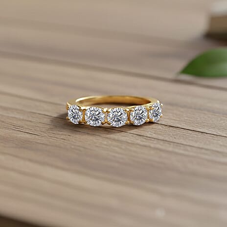 D'Joy GRA Certified Moissanite (VVS-D) Half Eternity 5 Stone Band Ring in Yellow Gold Plated Sterling Silver 1.10 Ct.
