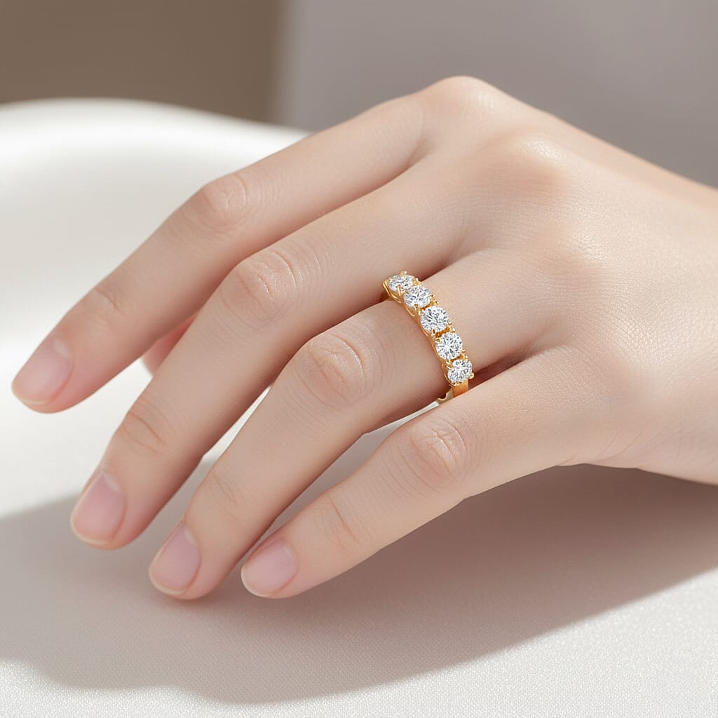 D'Joy GRA Certified Moissanite (VVS-D) Half Eternity 5 Stone Band Ring in Sterling Silver 1.07 Ct.