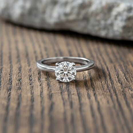 D'Joy GRA Certified Moissanite (VVS-D) Solitaire Ring in Rhodium Overlay Sterling Silver 1.50 Ct.