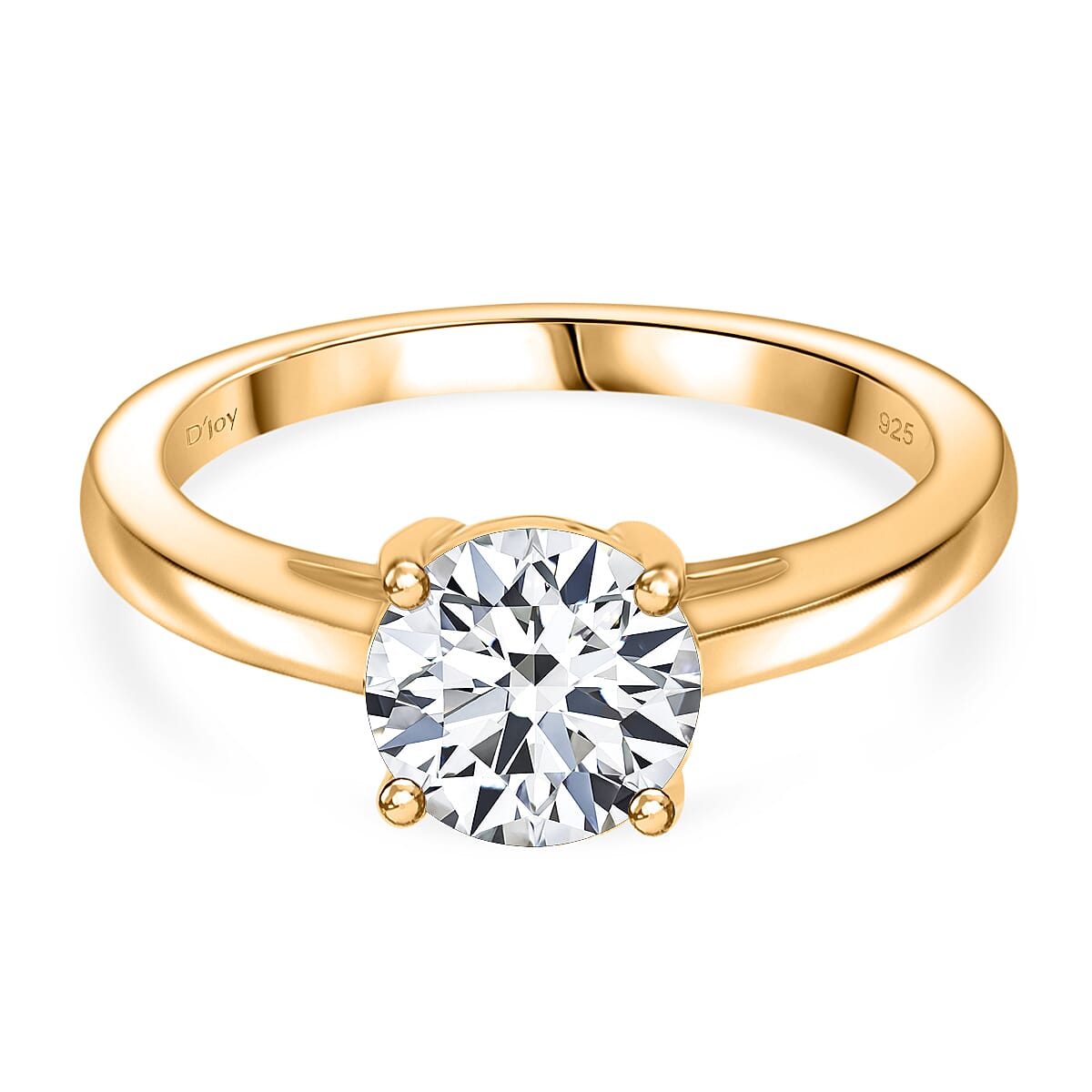 D'Joy GRA Certified RADIANTA Moissanite (VVS-D) Solitaire Ring in Yellow Gold Plated Sterling Silver 1.50 Ct.