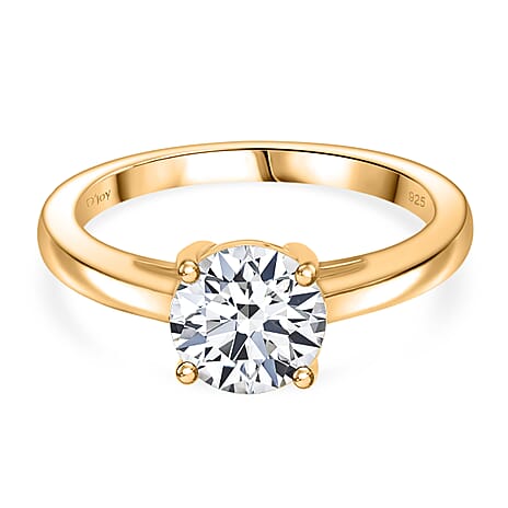 D'Joy GRA Certified RADIANTA Moissanite (VVS-D) Solitaire Ring in Yellow Gold Plated Sterling Silver 1.50 Ct.