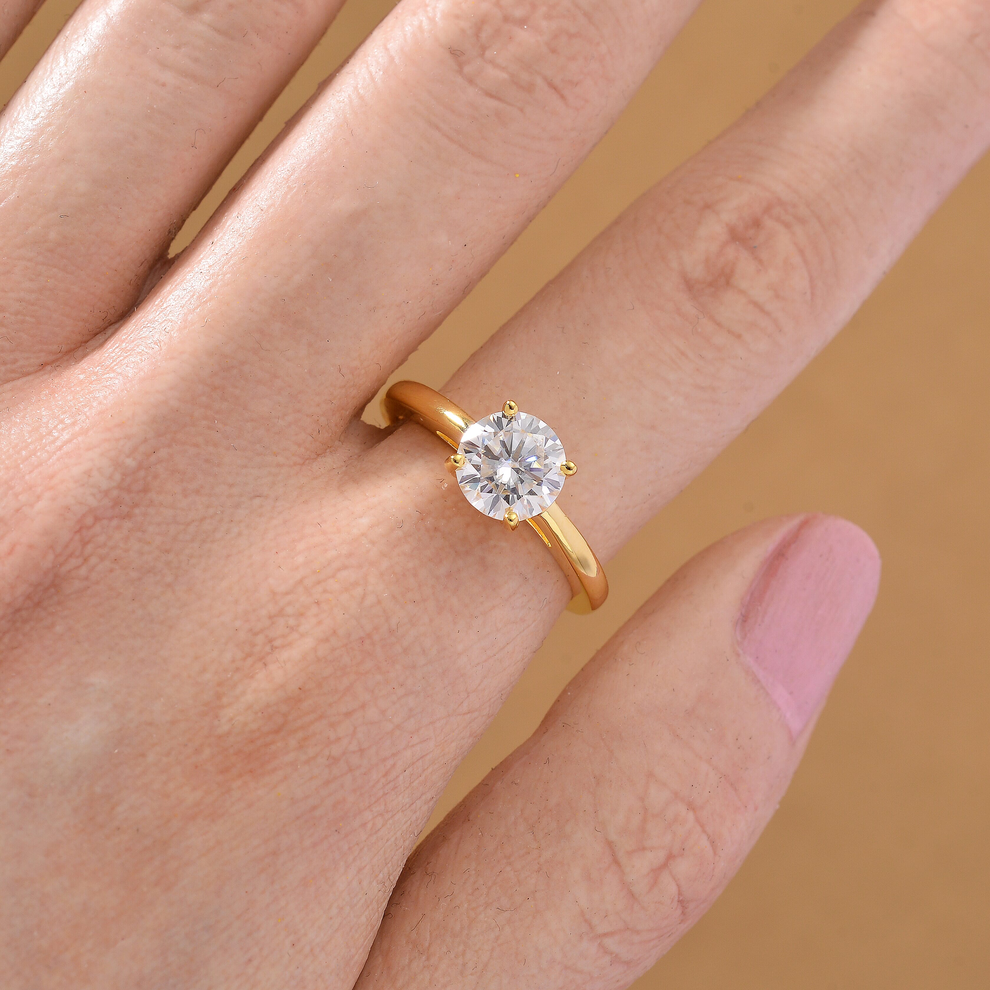 D'Joy GRA Certified RADIANTA Moissanite (VVS-D) Solitaire Ring in Yellow Gold Plated Sterling Silver 1.50 Ct.