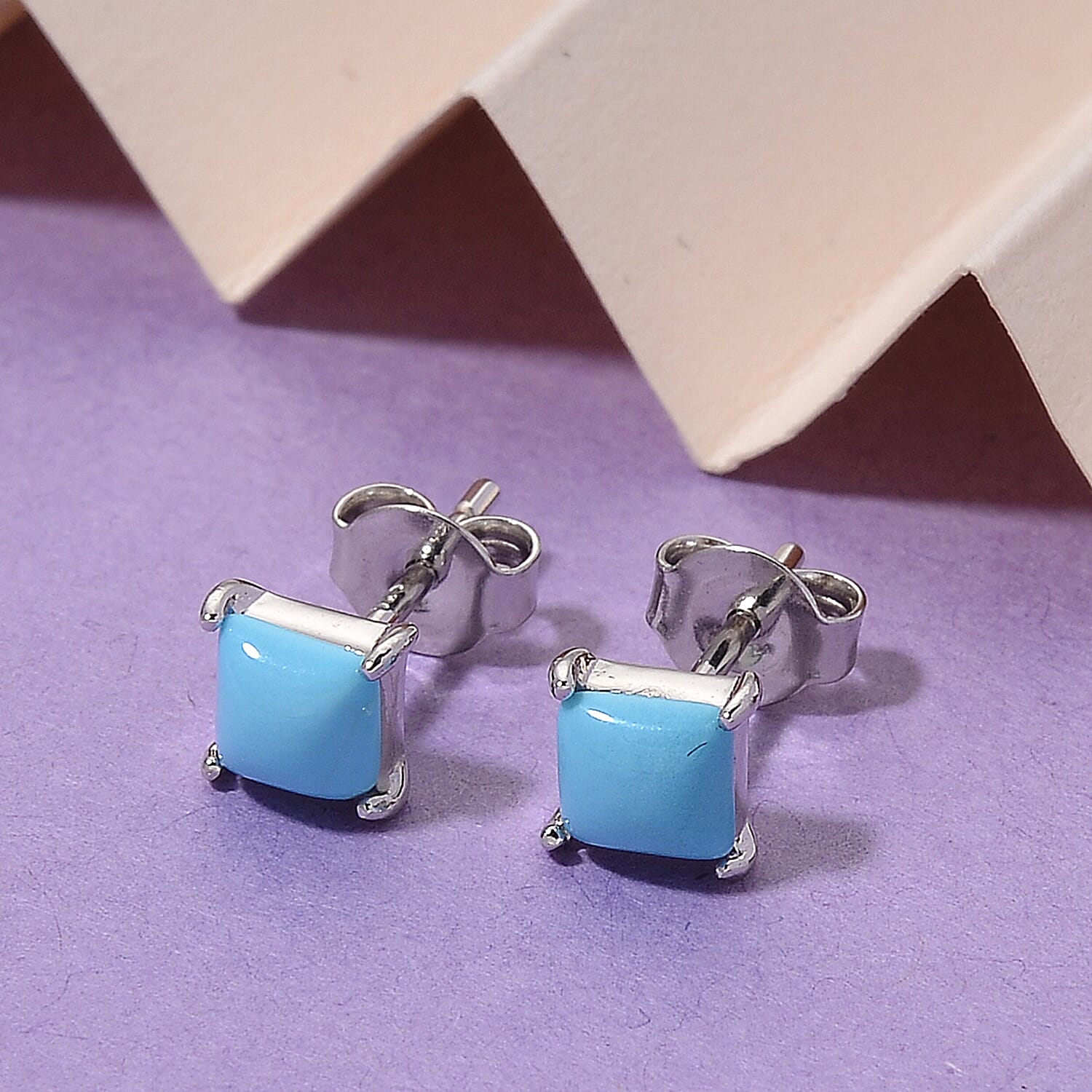 D'Joy Sleeping Beauty Turquoise Solitaire Stud Push Post Earring in Rhodium Overlay Sterling Silver