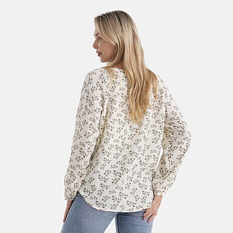 - Maisi Cotton Leaf Print Long-Sleeved Blouse with Tie-Front Tassels (Size M) - Cream