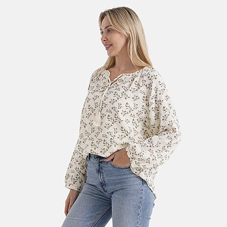 - Maisi Cotton Leaf Print Long-Sleeved Blouse with Tie-Front Tassels (Size M) - Cream