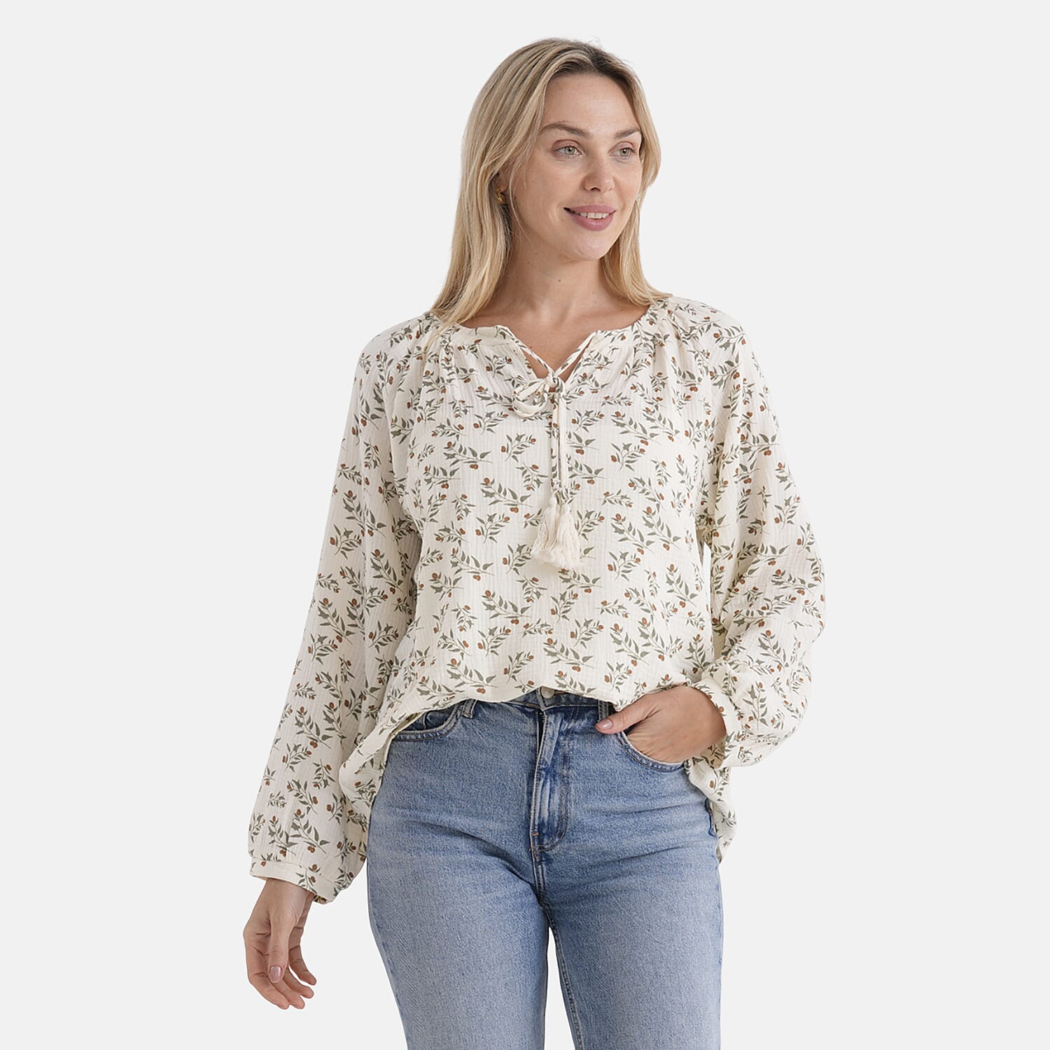 & Maisi Lightweight Cotton Long-Sleeved Blouse with Tie-Front Tassels