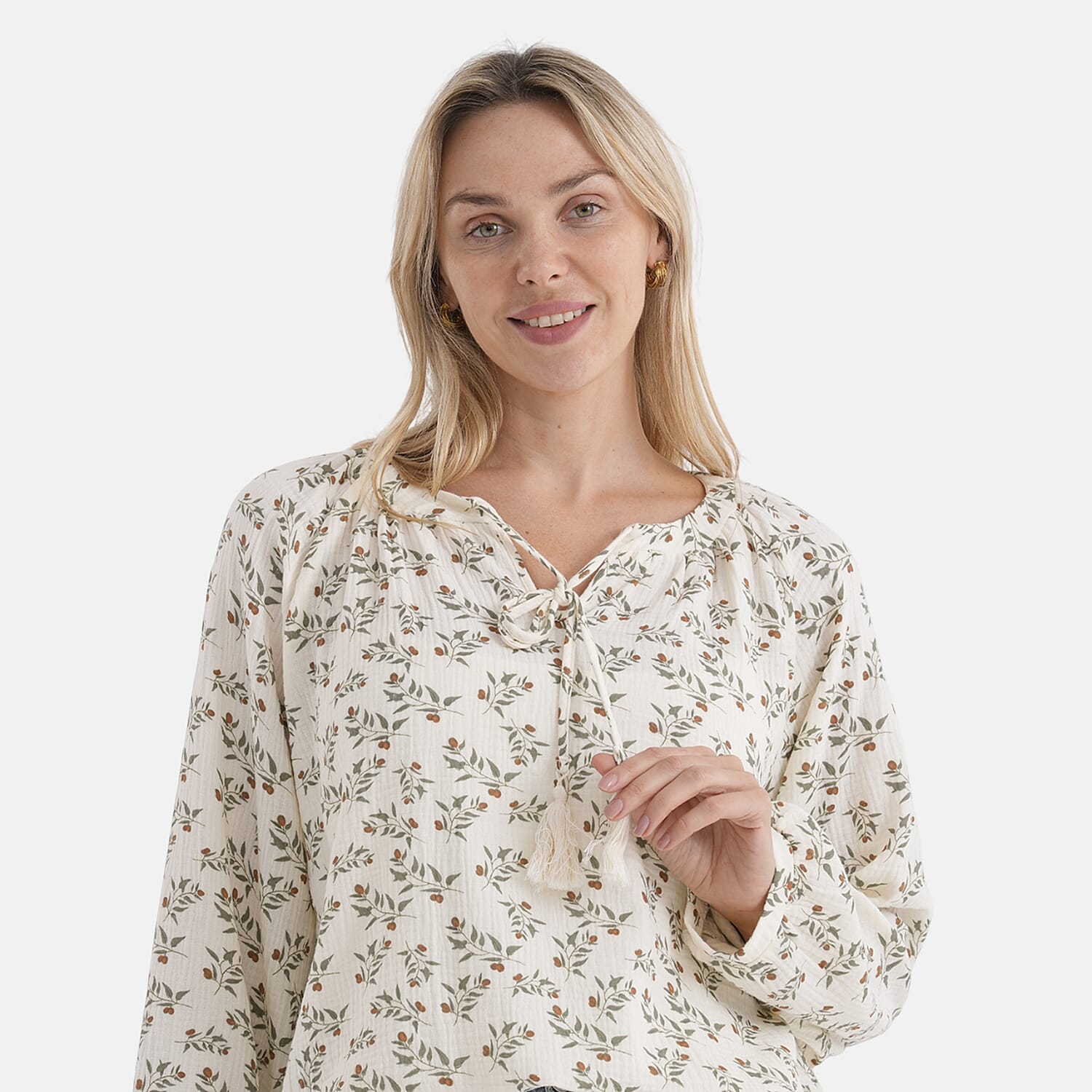 & Maisi Lightweight Cotton Long-Sleeved Blouse with Tie-Front Tassels