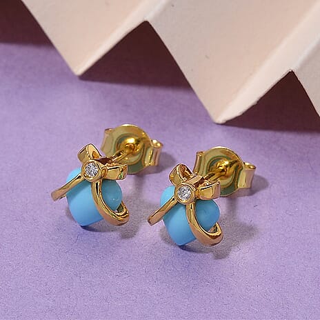 D'Joy Sleeping Beauty Turquoise & Moissanite Stud Push Post Earring Sterling Silver 1.12 Ct.