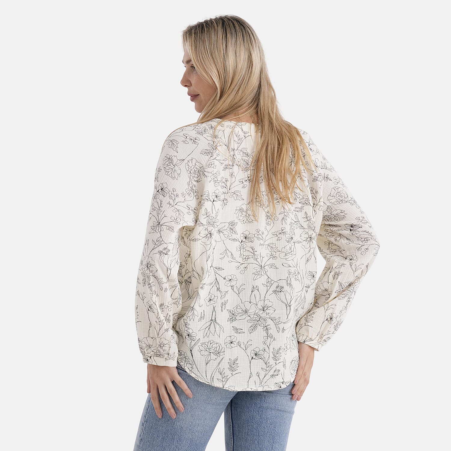 & Maisi Lightweight Cotton Long-Sleeved Blouse with Tie-Front Tassels