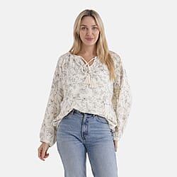 & Maisi Lightweight Cotton Long-Sleeved Blouse with Tie-Front Tassels