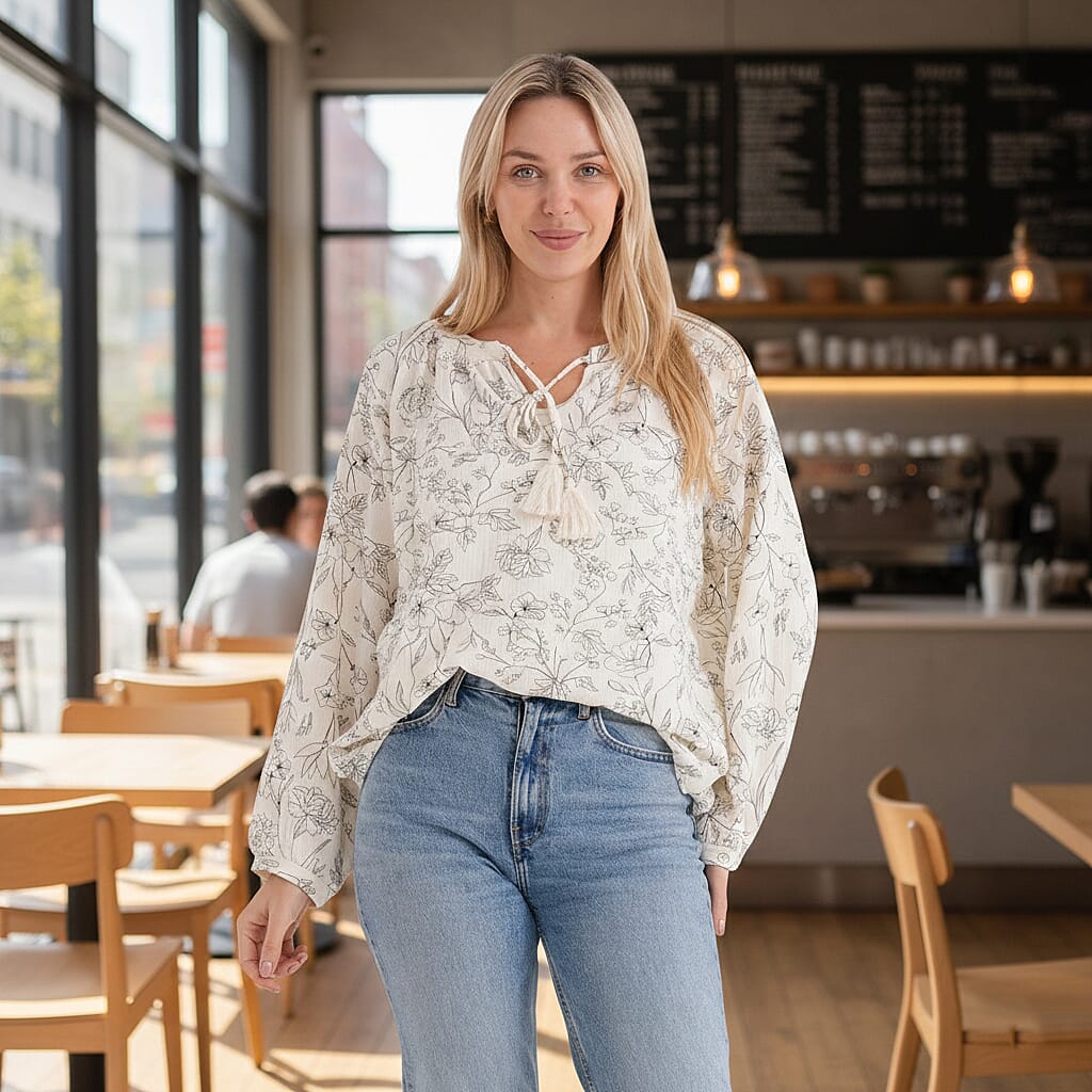 & Maisi Lightweight Cotton Long-Sleeved Blouse with Tie-Front Tassels