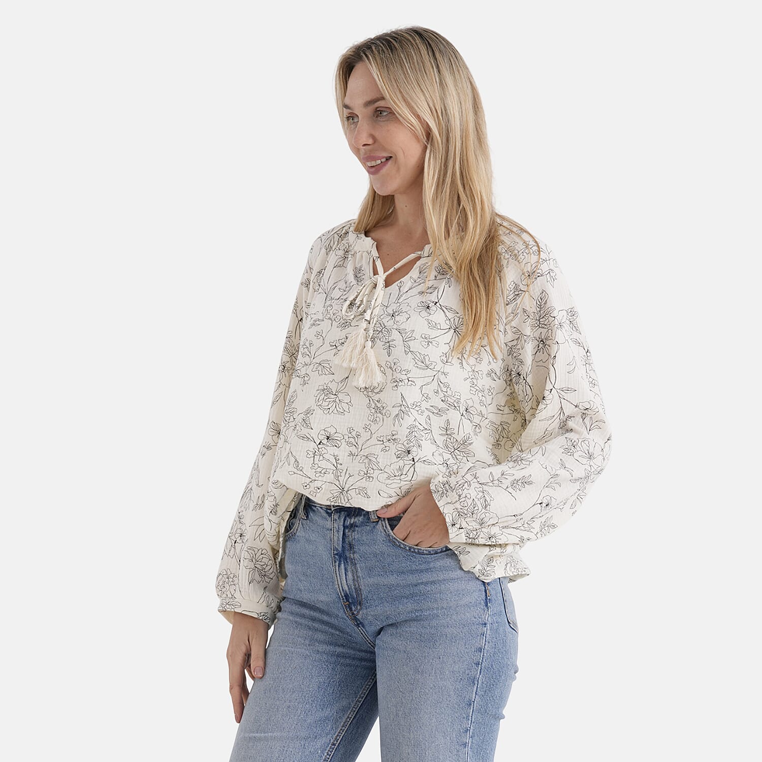 & Maisi Lightweight Cotton Long-Sleeved Blouse with Tie-Front Tassels